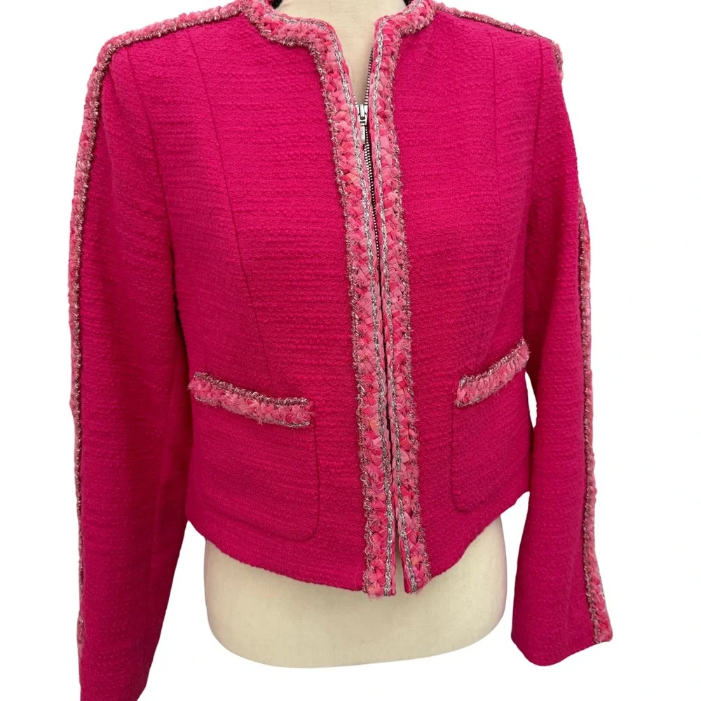 Cabi Fuchsia Tweed Zip-Front Jacket | Padded Shoulders | Size S | $269 Retail - Picture 1 of 9